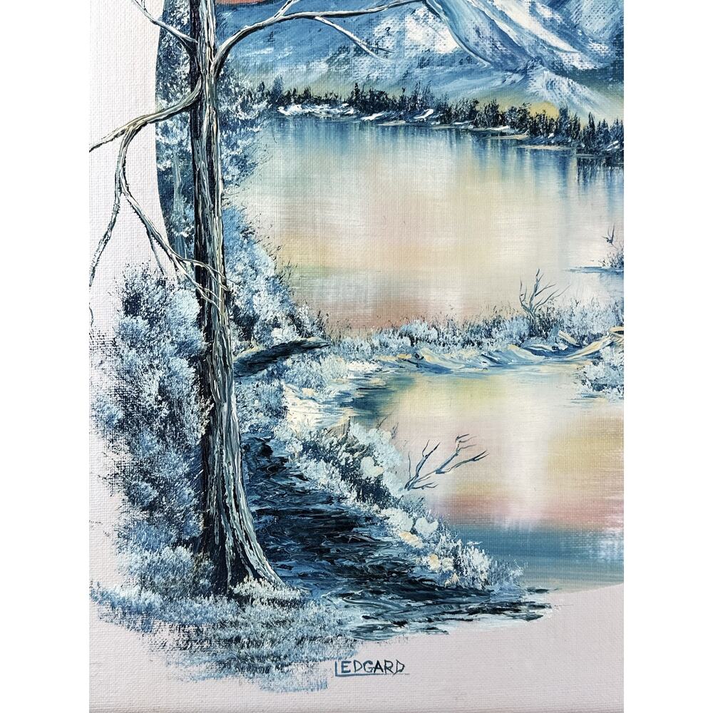 Oil Painting Winter At Dawn Cabin On Pond Signed Margaret Peggy Ledgard 1988 - Picture 5 of 10